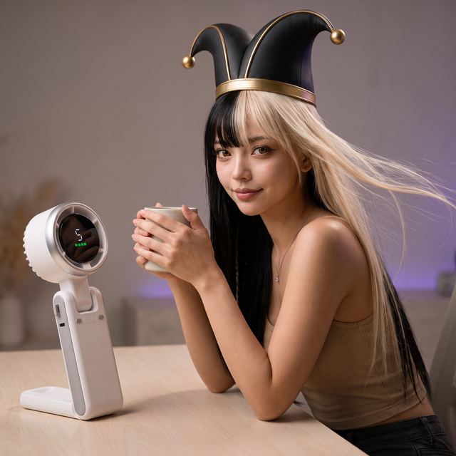 Akiko, con su sombrero de bufón, sostiene una taza con las dos manos mientras el Ventilador Emancipado se para solo sobre la mesa y le apunta; el aire le lleva el pelo hacia atrás.