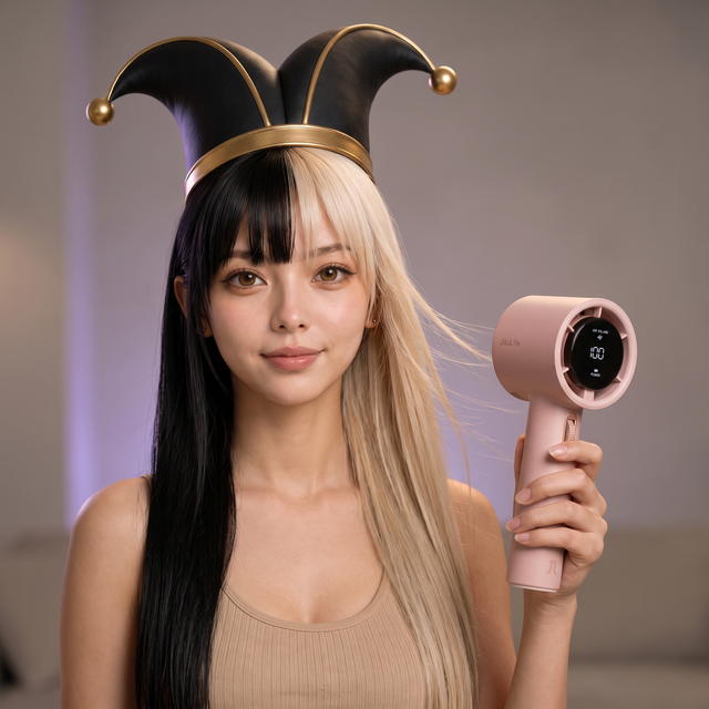 Akiko, con su sombrero de bufón, sostiene el Ventilador Antibochorno rosado junto a su cara con total compostura; el aire le levanta el pelo platinado.