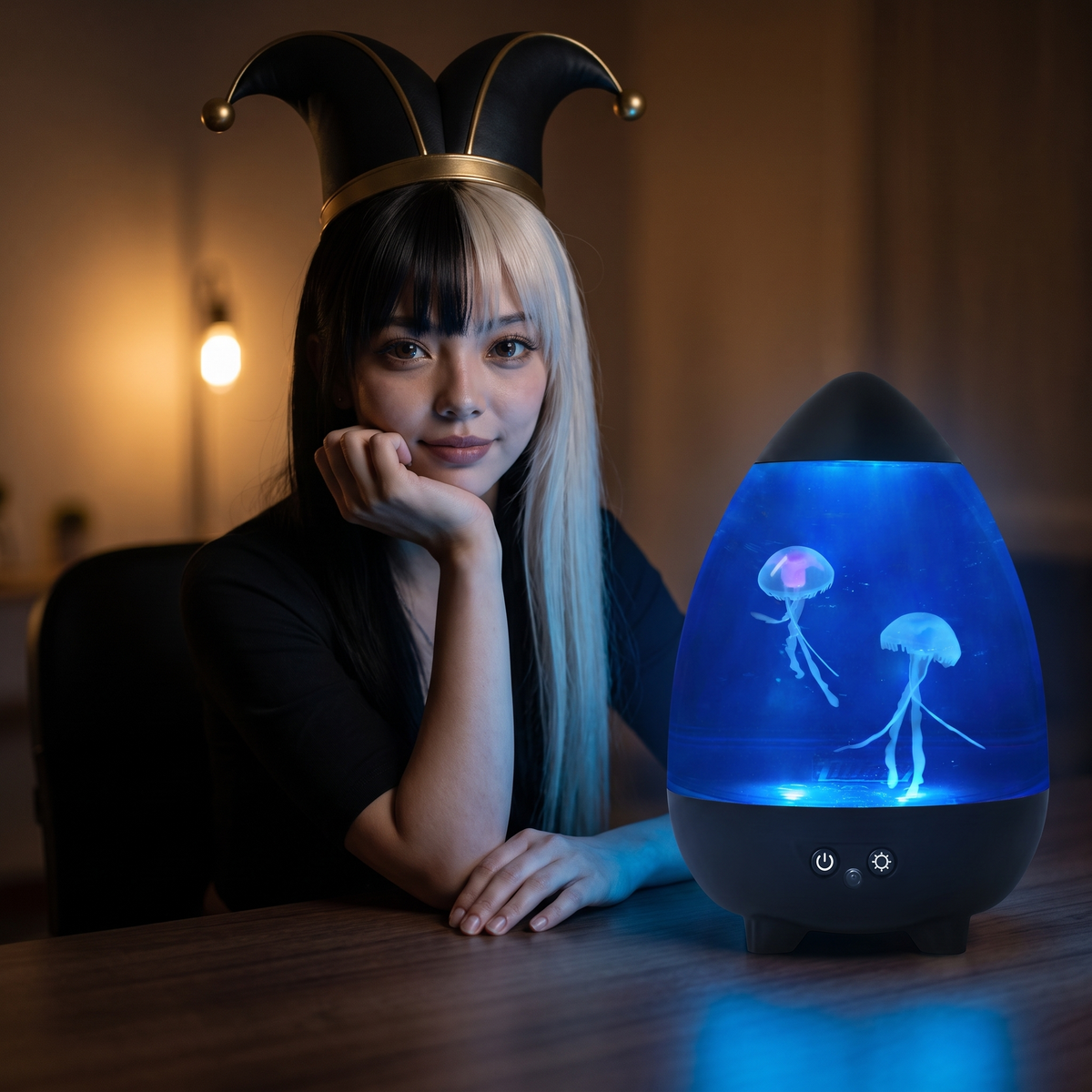 Akiko, con su sombrero de bufón, apoya el mentón en la mano junto a la lámpara de medusas encendida en azul sobre un escritorio de madera, de noche.