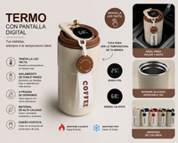 Infografía del Termo Autoconsciente: pantalla LED táctil, doble pared, a prueba de derrames y variedad de colores